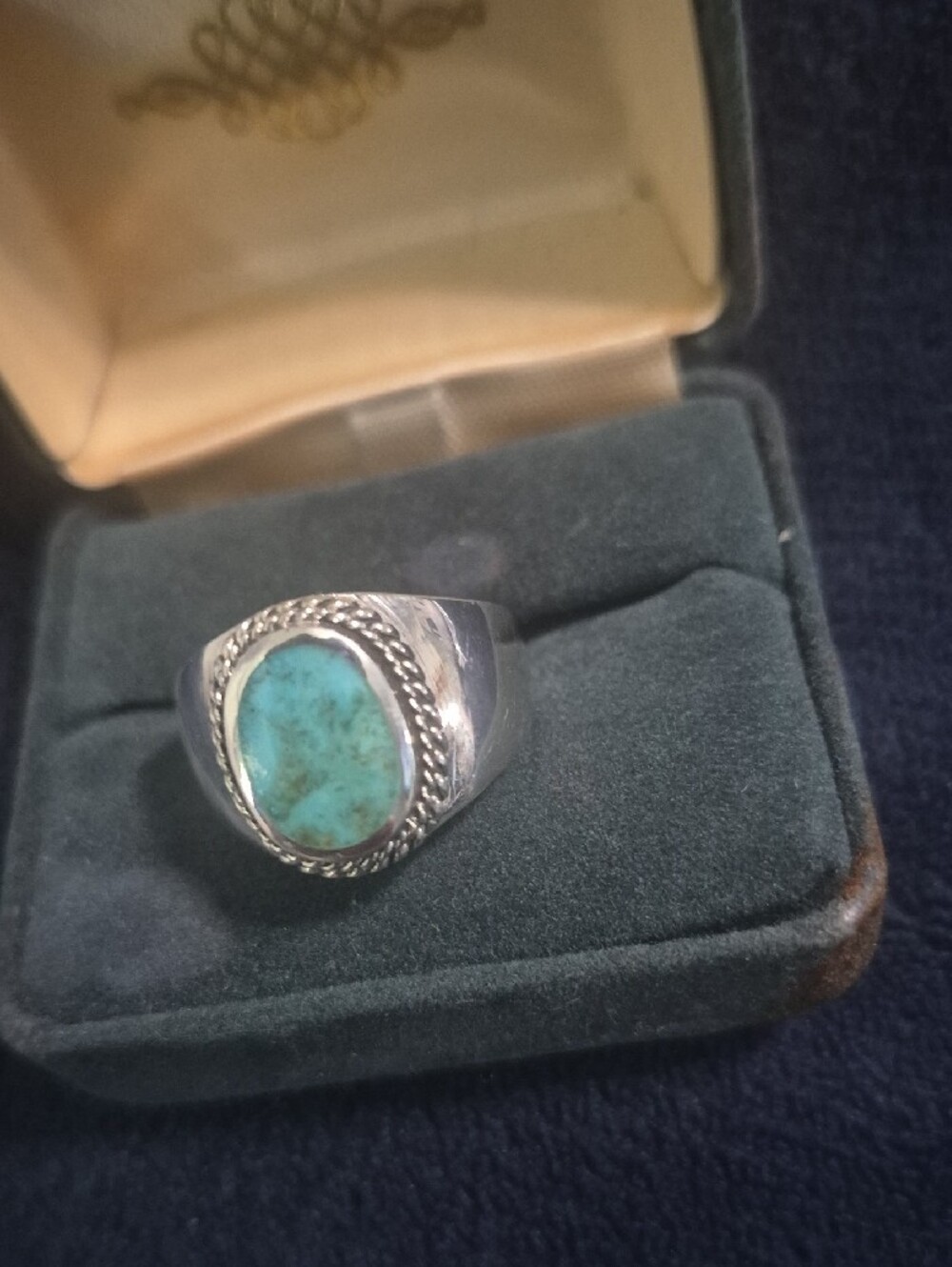 Turquoise Stone Men's Silver Ring - Blue Green Oval Cabochon - Picture 2 of 11